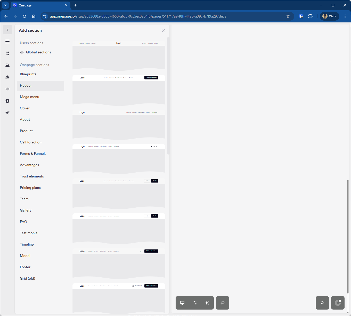 OnePage header menu kiezen
