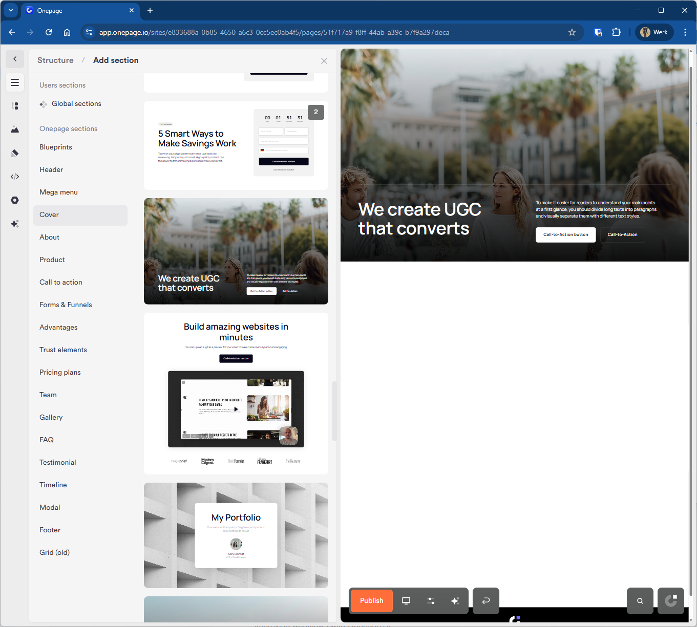OnePage cover sectie kiezen