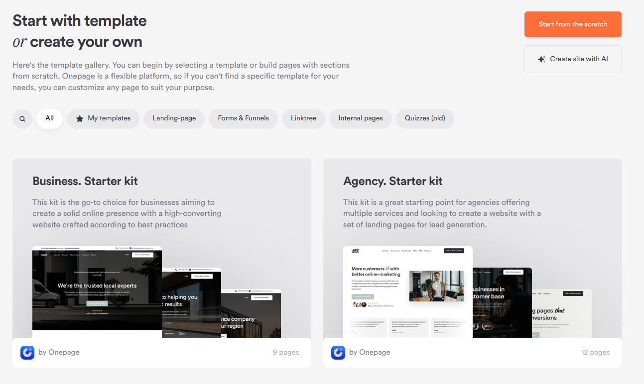 OnePage start from scratch optie